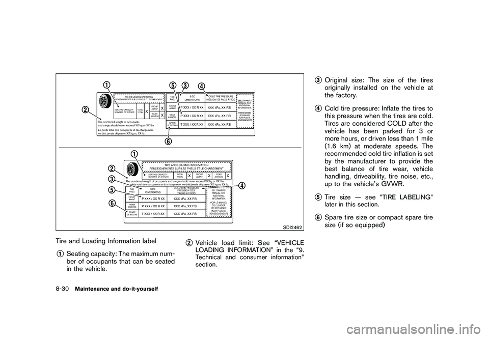 NISSAN 370Z COUPE 2011  Owners Manual Black plate (374,1)
Model "Z34-D" EDITED: 2010/ 7/ 27
SDI2462
Tire and Loading Information label*1
Seating capacity: The maximum num-
ber of occupants that can be seated
in the vehicle.
*2
Vehicle loa