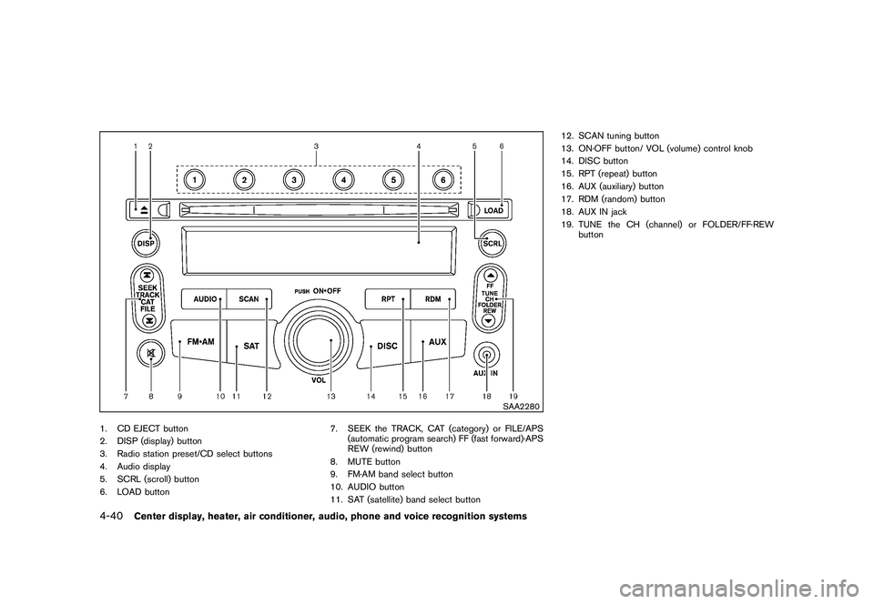 NISSAN 370Z COUPE 2010  Owners Manual Black plate (192,1)
Model "Z34-D" EDITED: 2009/ 9/ 10
SAA2280
1. CD EJECT button
2. DISP (display) button
3. Radio station preset/CD select buttons
4. Audio display
5. SCRL (scroll) button
6. LOAD but