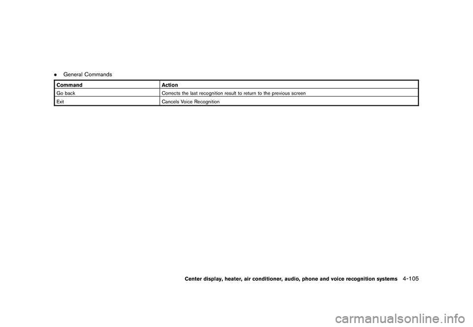 NISSAN 370Z COUPE 2010  Owners Manual Black plate (257,1)
Model "Z34-D" EDITED: 2009/ 9/ 10
.General CommandsCommand ActionGo back Corrects the last recognition result to return to the previous screen
Exit Cancels Voice Recognition
Center