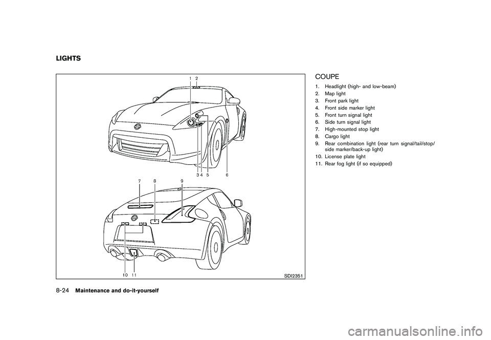 NISSAN 370Z COUPE 2010  Owners Manual Black plate (364,1)
Model "Z34-D" EDITED: 2009/ 9/ 10
SDI2351
COUPE1. Headlight (high- and low-beam)
2. Map light
3. Front park light
4. Front side marker light
5. Front turn signal light
6. Side turn