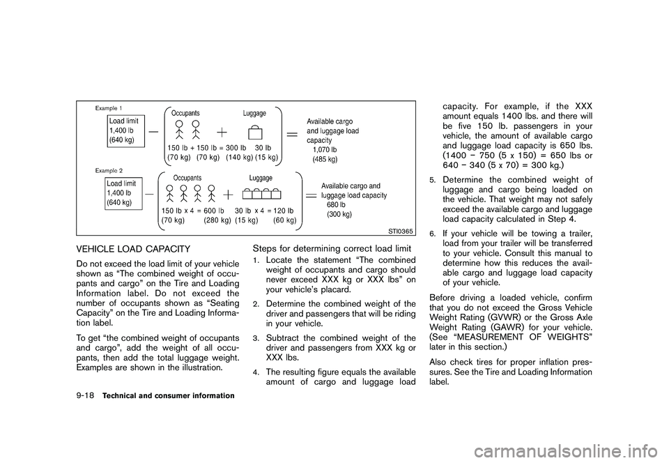 NISSAN 370Z COUPE 2010 Owners Manual Black plate (396,1)
Model "Z34-D" EDITED: 2009/ 9/ 10
STI0365
VEHICLE LOAD CAPACITYDo not exceed the load limit of your vehicle
shown as “The combined weight of occu-
pants and cargo” on the Tire NISSAN 370Z COUPE 2010 Owners Manual Black plate (396,1)
Model "Z34-D" EDITED: 2009/ 9/ 10
STI0365
VEHICLE LOAD CAPACITYDo not exceed the load limit of your vehicle
shown as “The combined weight of occu-
pants and cargo” on the Tire