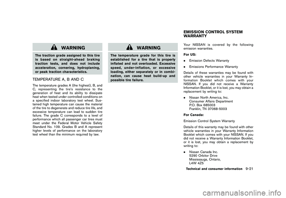 NISSAN 370Z COUPE 2010 Owners Manual Black plate (399,1)
Model "Z34-D" EDITED: 2009/ 9/ 10
WARNING
The traction grade assigned to this tire
is based on straight-ahead braking
traction tests, and does not include
acceleration, cornering, NISSAN 370Z COUPE 2010 Owners Manual Black plate (399,1)
Model "Z34-D" EDITED: 2009/ 9/ 10
WARNING
The traction grade assigned to this tire
is based on straight-ahead braking
traction tests, and does not include
acceleration, cornering,