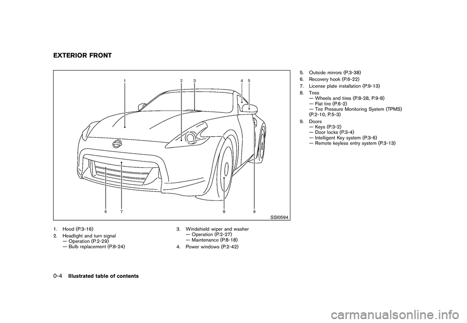 NISSAN 370Z COUPE 2010  Owners Manual Black plate (6,1)
Model "Z34-D" EDITED: 2009/ 9/ 10
SSI0594
1. Hood (P.3-16)
2. Headlight and turn signal— Operation (P.2-29)
— Bulb replacement (P.8-24) 3. Windshield wiper and washer
— Operati