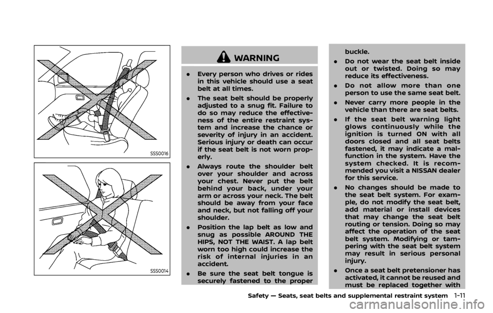 NISSAN 370Z ROADSTER 2019 Owners Guide SSS0016
SSS0014
WARNING
.Every person who drives or rides
in this vehicle should use a seat
belt at all times.
. The seat belt should be properly
adjusted to a snug fit. Failure to
do so may reduce th NISSAN 370Z ROADSTER 2019 Owners Guide SSS0016
SSS0014
WARNING
.Every person who drives or rides
in this vehicle should use a seat
belt at all times.
. The seat belt should be properly
adjusted to a snug fit. Failure to
do so may reduce th