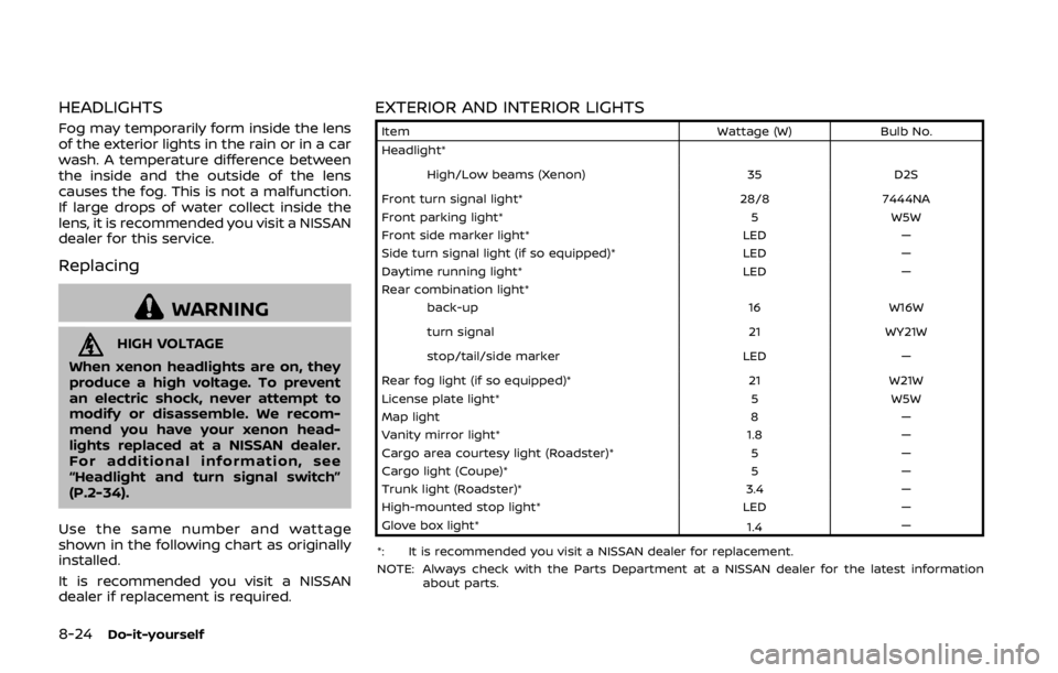 NISSAN 370Z ROADSTER 2019 Owners Manual 8-24Do-it-yourself
HEADLIGHTS
Fog may temporarily form inside the lens
of the exterior lights in the rain or in a car
wash. A temperature difference between
the inside and the outside of the lens
caus NISSAN 370Z ROADSTER 2019 Owners Manual 8-24Do-it-yourself
HEADLIGHTS
Fog may temporarily form inside the lens
of the exterior lights in the rain or in a car
wash. A temperature difference between
the inside and the outside of the lens
caus