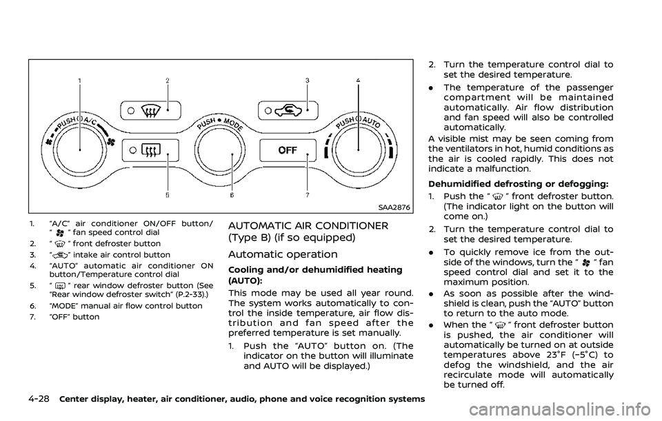 NISSAN 370Z ROADSTER 2018 Owners Manual 4-28Center display, heater, air conditioner, audio, phone and voice recognition systems
SAA2876
1. “A/C” air conditioner ON/OFF button/“” fan speed control dial
2. “
” front defroster butt NISSAN 370Z ROADSTER 2018 Owners Manual 4-28Center display, heater, air conditioner, audio, phone and voice recognition systems
SAA2876
1. “A/C” air conditioner ON/OFF button/“” fan speed control dial
2. “
” front defroster butt
