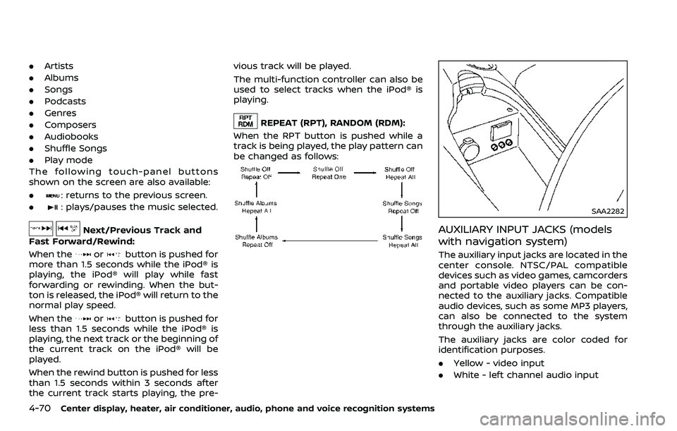 NISSAN 370Z ROADSTER 2018 Owners Manual 4-70Center display, heater, air conditioner, audio, phone and voice recognition systems
.Artists
. Albums
. Songs
. Podcasts
. Genres
. Composers
. Audiobooks
. Shuffle Songs
. Play mode
The following NISSAN 370Z ROADSTER 2018 Owners Manual 4-70Center display, heater, air conditioner, audio, phone and voice recognition systems
.Artists
. Albums
. Songs
. Podcasts
. Genres
. Composers
. Audiobooks
. Shuffle Songs
. Play mode
The following