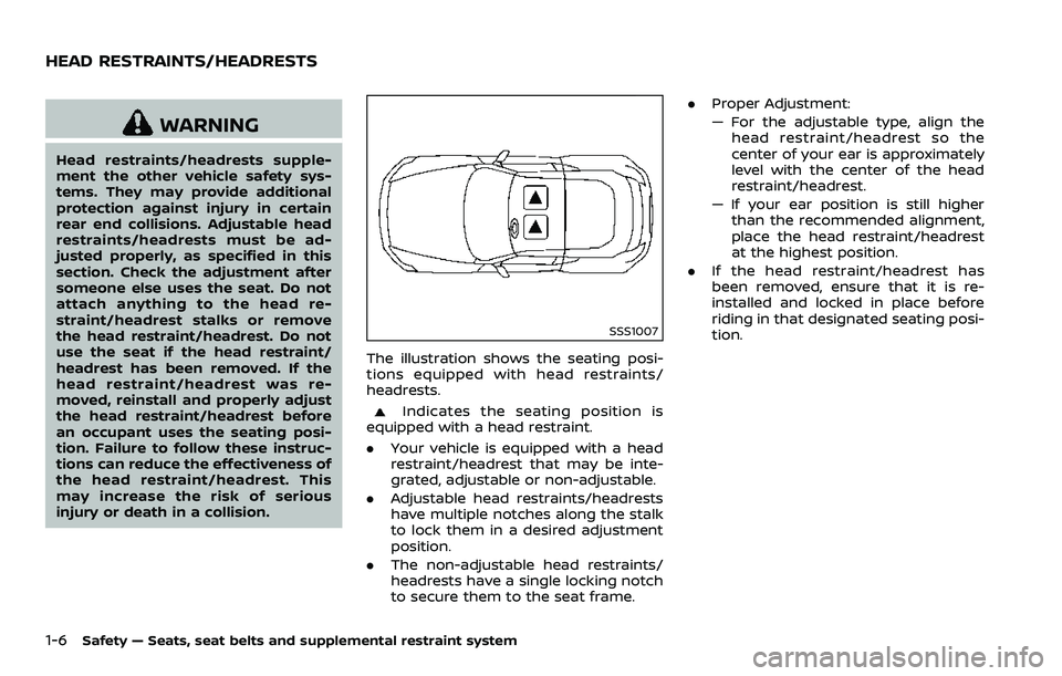 NISSAN 370Z ROADSTER 2018 Owners Manual 1-6Safety — Seats, seat belts and supplemental restraint system
WARNING
Head restraints/headrests supple-
ment the other vehicle safety sys-
tems. They may provide additional
protection against inju