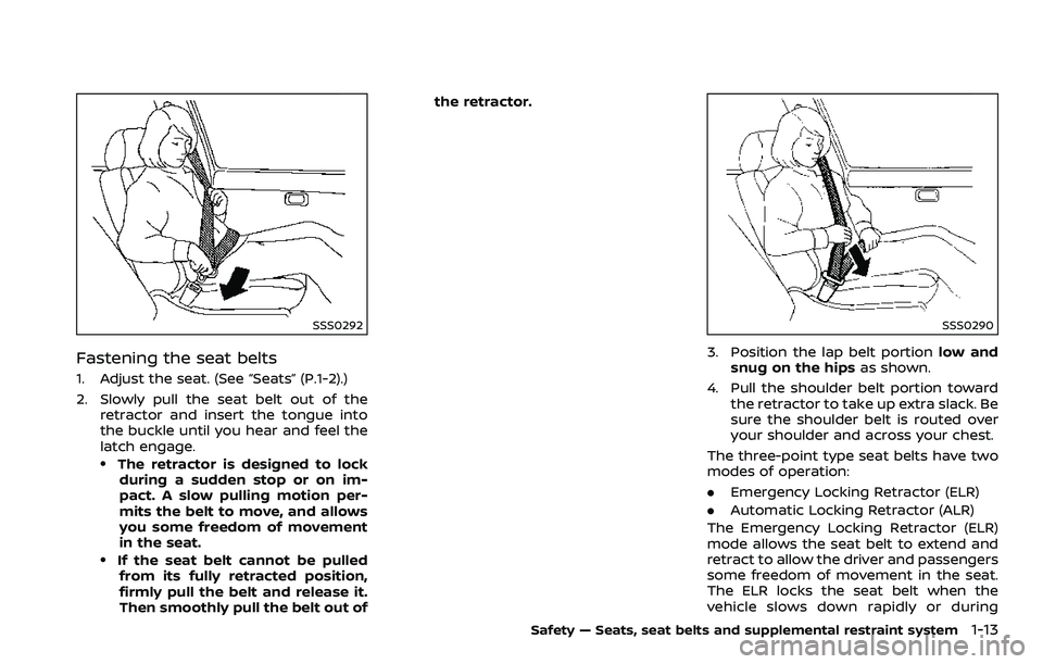 NISSAN 370Z ROADSTER 2018 Owners Guide SSS0292
Fastening the seat belts
1. Adjust the seat. (See “Seats” (P.1-2).)
2. Slowly pull the seat belt out of theretractor and insert the tongue into
the buckle until you hear and feel the
latch