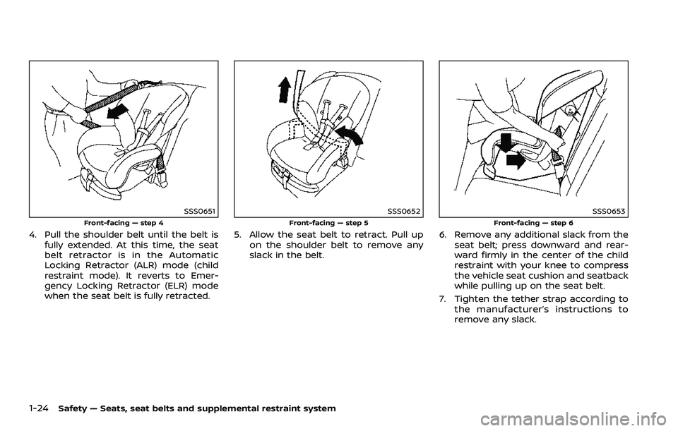 NISSAN 370Z ROADSTER 2018 Service Manual 1-24Safety — Seats, seat belts and supplemental restraint system
SSS0651
Front-facing — step 4
4. Pull the shoulder belt until the belt isfully extended. At this time, the seat
belt retractor is i