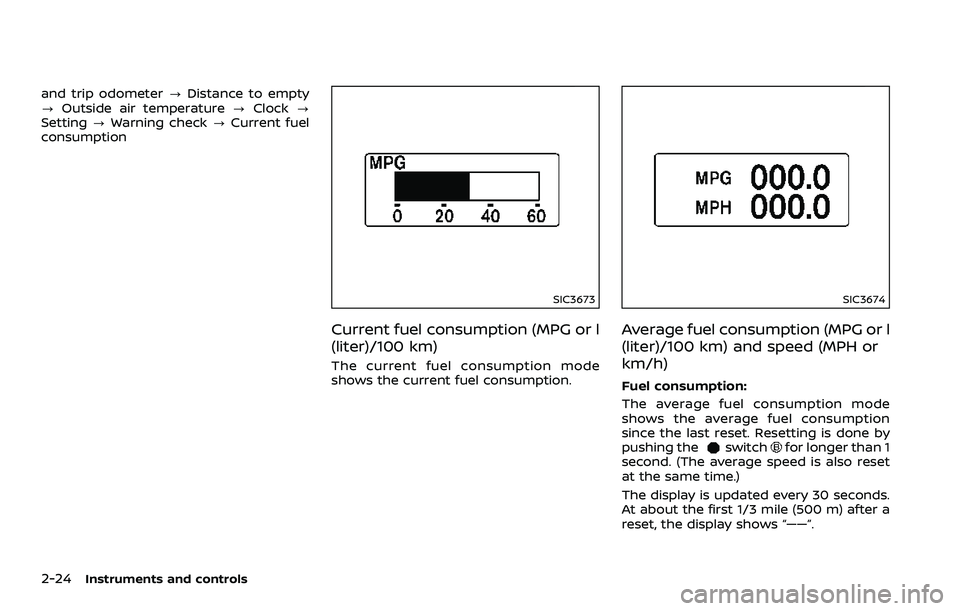 NISSAN 370Z ROADSTER 2018  Owners Manual 2-24Instruments and controls
and trip odometer?Distance to empty
? Outside air temperature ?Clock ?
Setting ?Warning check ?Current fuel
consumption
SIC3673
Current fuel consumption (MPG or l
(liter)/