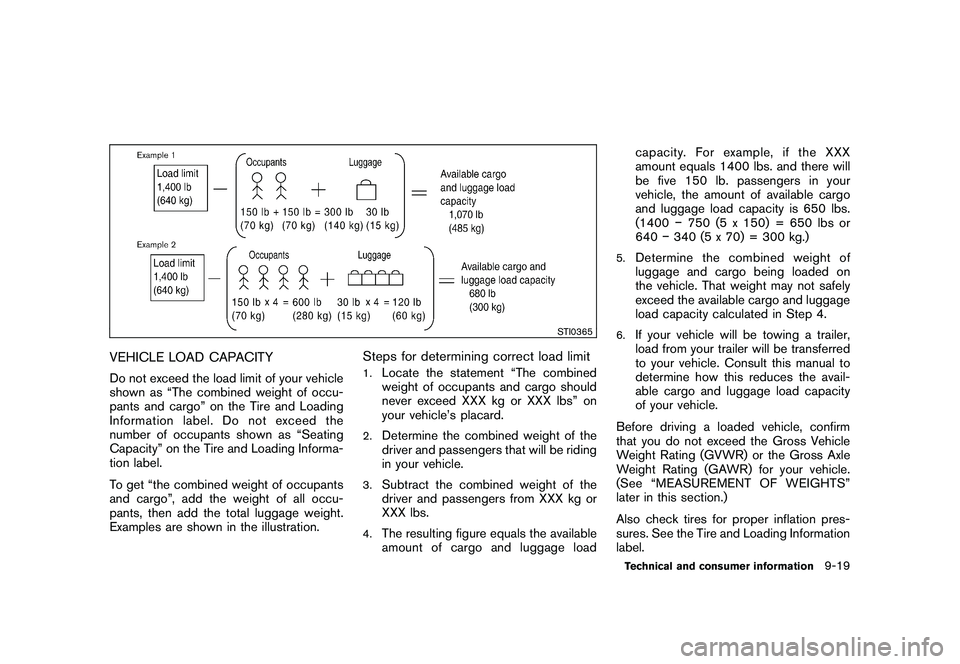 NISSAN 370Z ROADSTER 2011 Owners Manual Black plate (403,1)
Model "Z34-D" EDITED: 2010/ 7/ 27
STI0365
VEHICLE LOAD CAPACITYDo not exceed the load limit of your vehicle
shown as “The combined weight of occu-
pants and cargo” on the Tire NISSAN 370Z ROADSTER 2011 Owners Manual Black plate (403,1)
Model "Z34-D" EDITED: 2010/ 7/ 27
STI0365
VEHICLE LOAD CAPACITYDo not exceed the load limit of your vehicle
shown as “The combined weight of occu-
pants and cargo” on the Tire