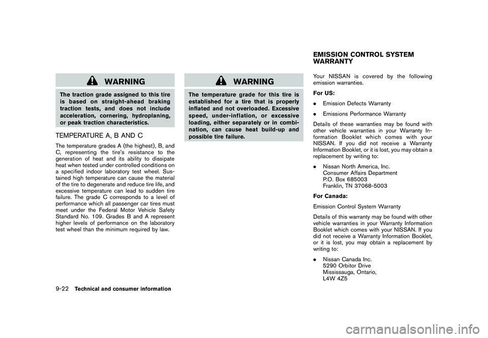 NISSAN 370Z ROADSTER 2011 Owners Manual Black plate (406,1)
Model "Z34-D" EDITED: 2010/ 7/ 27
WARNING
The traction grade assigned to this tire
is based on straight-ahead braking
traction tests, and does not include
acceleration, cornering, NISSAN 370Z ROADSTER 2011 Owners Manual Black plate (406,1)
Model "Z34-D" EDITED: 2010/ 7/ 27
WARNING
The traction grade assigned to this tire
is based on straight-ahead braking
traction tests, and does not include
acceleration, cornering,