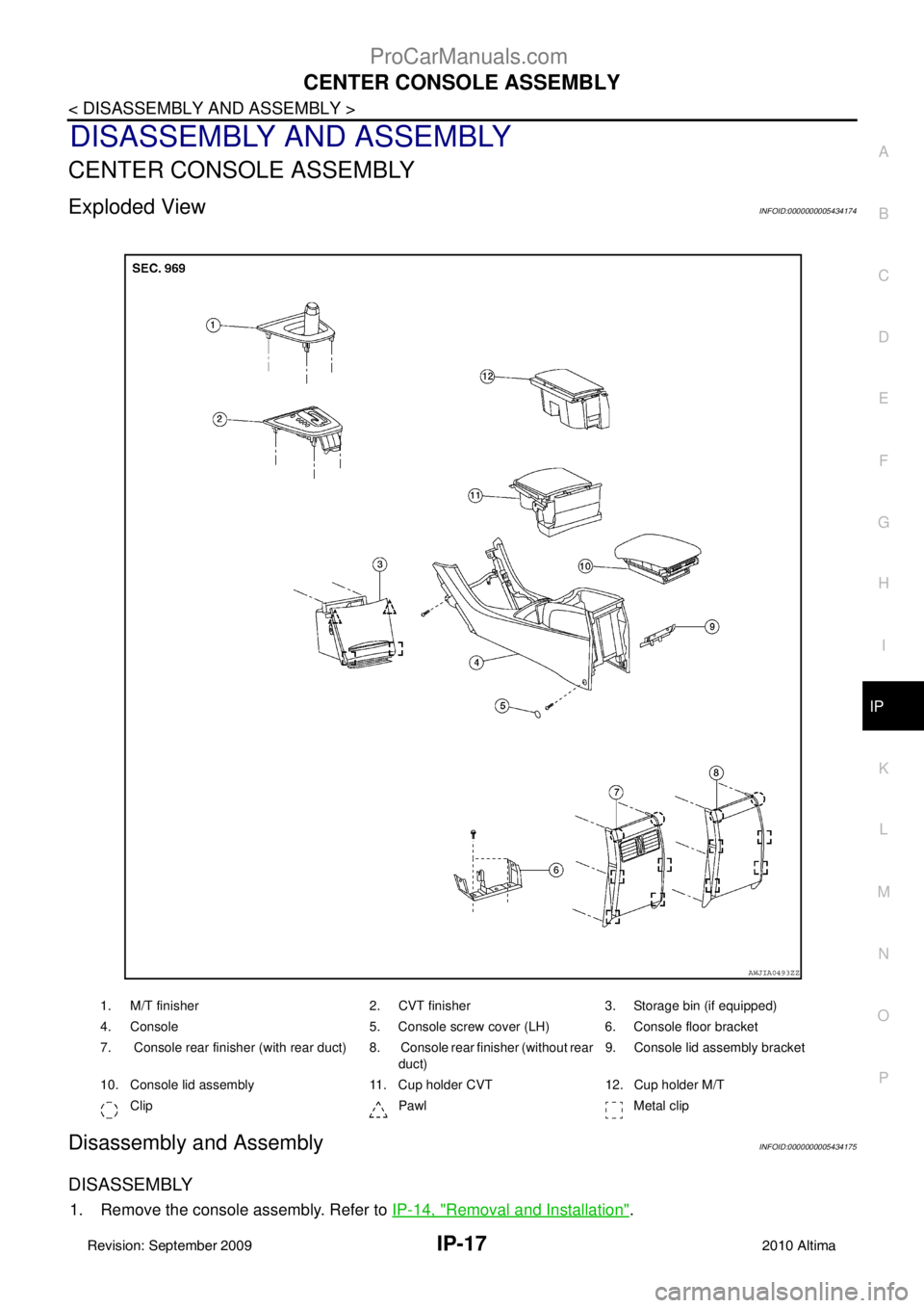 NISSAN ALTIMA SEDAN 2010 User Guide CENTER CONSOLE ASSEMBLYIP-17
< DISASSEMBLY AND ASSEMBLY >
C
DE
F
G H
I
K L
M A
B
IP
N
O P
DISASSEMBLY AND ASSEMBLY
CENTER CONSOLE ASSEMBLY
Exploded ViewINFOID:0000000005434174
Disassembly and Assembly