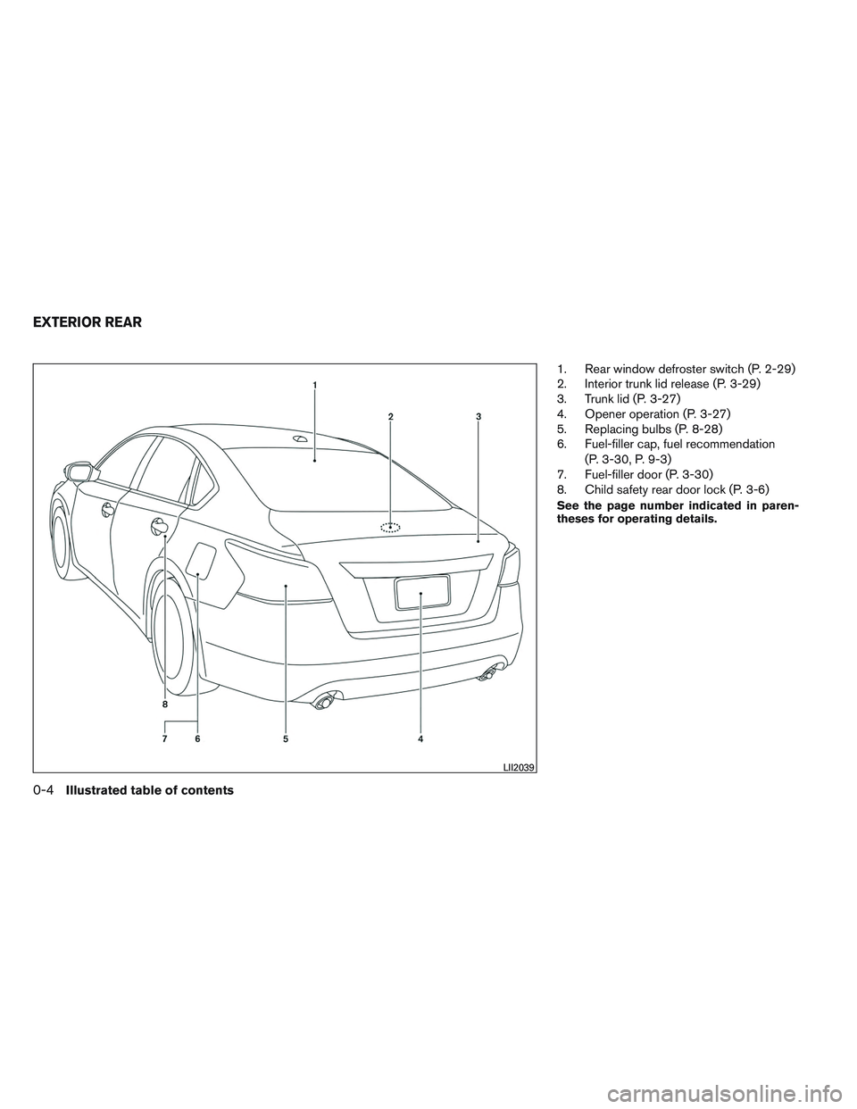 NISSAN ALTIMA SEDAN 2013 User Guide 1. Rear window defroster switch (P. 2-29)
2. Interior trunk lid release (P. 3-29)
3. Trunk lid (P. 3-27)
4. Opener operation (P. 3-27)
5. Replacing bulbs (P. 8-28)
6. Fuel-filler cap, fuel recommendat NISSAN ALTIMA SEDAN 2013 User Guide 1. Rear window defroster switch (P. 2-29)
2. Interior trunk lid release (P. 3-29)
3. Trunk lid (P. 3-27)
4. Opener operation (P. 3-27)
5. Replacing bulbs (P. 8-28)
6. Fuel-filler cap, fuel recommendat