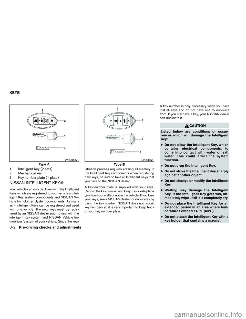 NISSAN ALTIMA SEDAN 2013  Owners Manual 1. Intelligent Key (2 sets)
2. Mechanical key
3. Key number plate (1 plate)
NISSAN INTELLIGENT KEY®
Your vehicle can only be driven with the Intelligent
Keys which are registered to your vehicle’s 