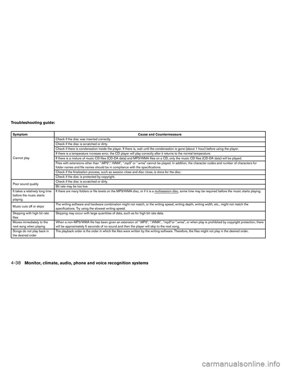NISSAN ALTIMA SEDAN 2013  Owners Manual Troubleshooting guide:
SymptomCause and Countermeasure
Cannot play Check if the disc was inserted correctly.
Check if the disc is scratched or dirty.
Check if there is condensation inside the player. 
