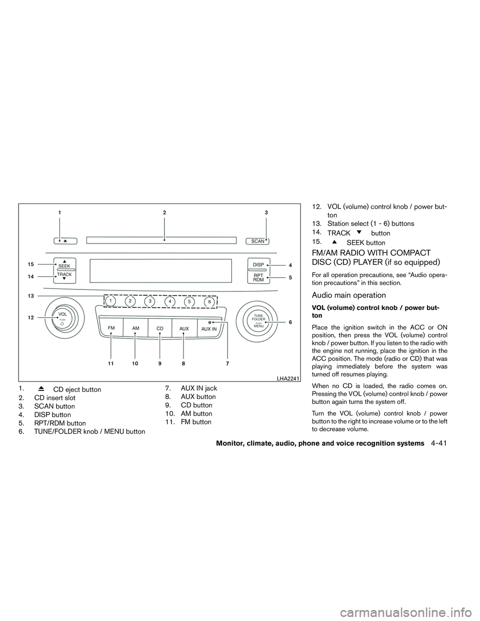 NISSAN ALTIMA SEDAN 2013  Owners Manual 1.CD eject button
2. CD insert slot
3. SCAN button
4. DISP button
5. RPT/RDM button
6. TUNE/FOLDER knob / MENU button 7. AUX IN jack
8. AUX button
9. CD button
10. AM button
11. FM button12. VOL (volu