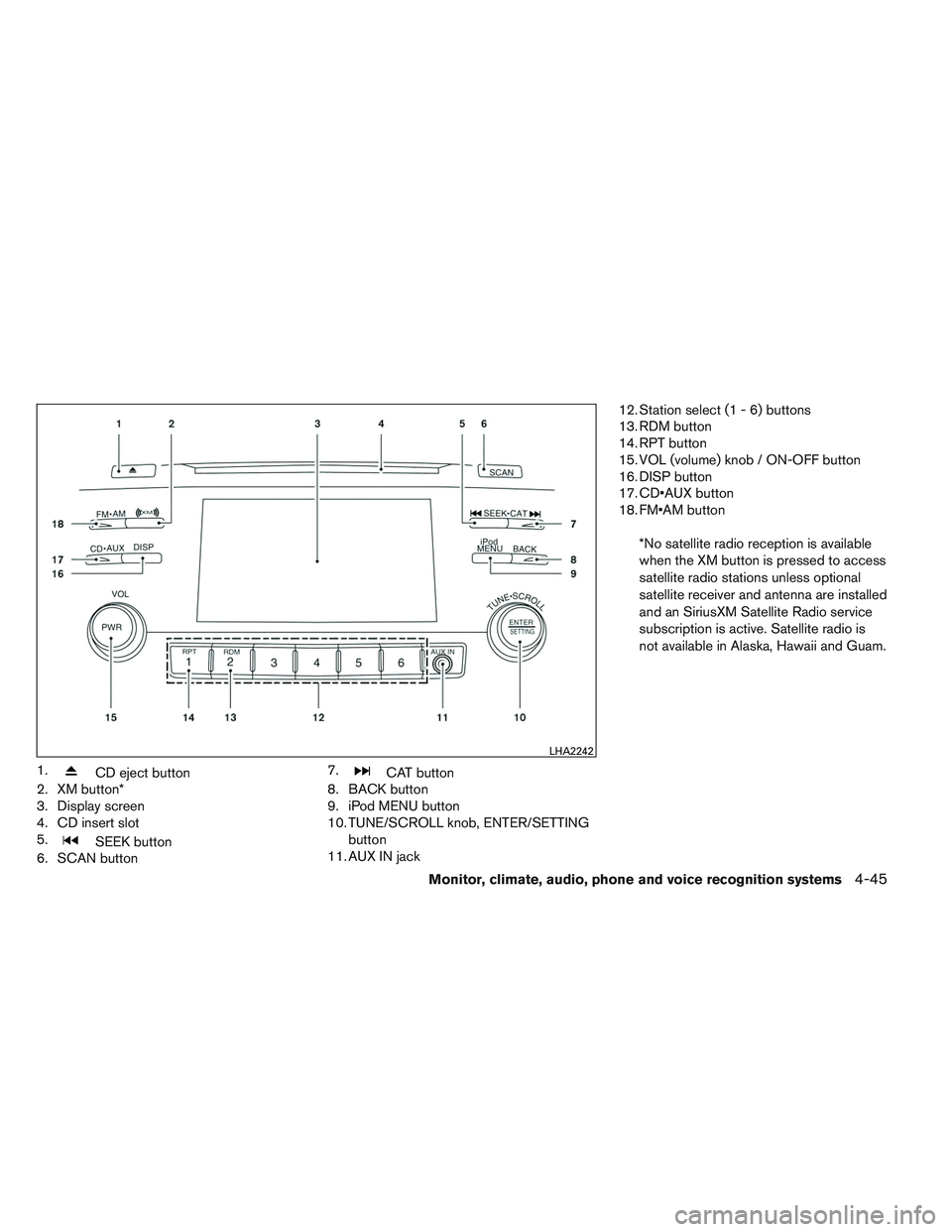 NISSAN ALTIMA SEDAN 2013  Owners Manual 1.CD eject button
2. XM button*
3. Display screen
4. CD insert slot
5.
SEEK button
6. SCAN button 7.
CAT button
8. BACK button
9. iPod MENU button
10. TUNE/SCROLL knob, ENTER/SETTING
button
11. AUX IN