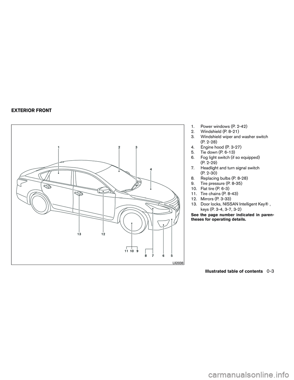 NISSAN ALTIMA SEDAN 2013 Owners Manual 1. Power windows (P. 2-42)
2. Windshield (P. 8-21)
3. Windshield wiper and washer switch(P. 2-28)
4. Engine hood (P. 3-27)
5. Tie down (P. 6-13)
6. Fog light switch (if so equipped)
(P. 2-29)
7. Headl NISSAN ALTIMA SEDAN 2013 Owners Manual 1. Power windows (P. 2-42)
2. Windshield (P. 8-21)
3. Windshield wiper and washer switch(P. 2-28)
4. Engine hood (P. 3-27)
5. Tie down (P. 6-13)
6. Fog light switch (if so equipped)
(P. 2-29)
7. Headl
