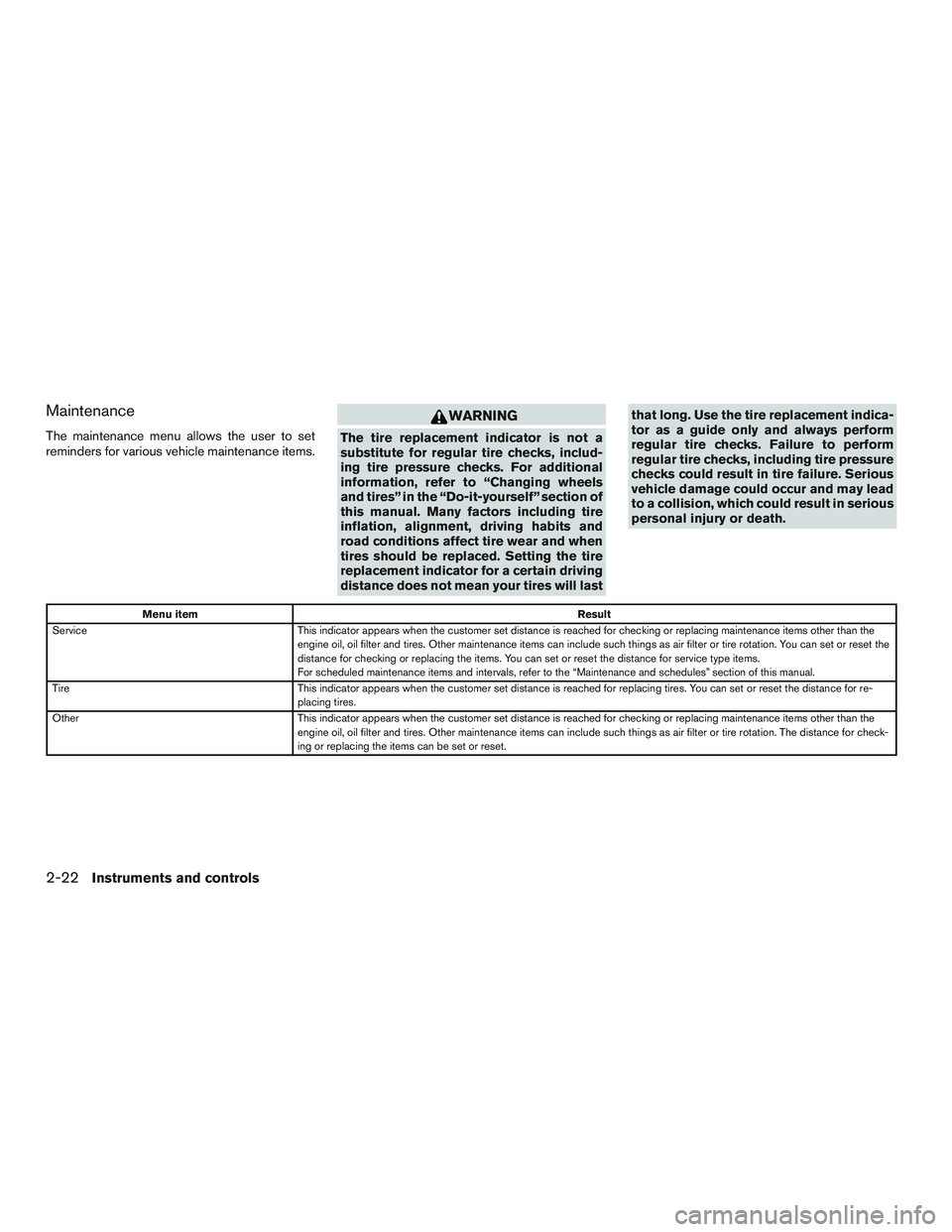 NISSAN ALTIMA SEDAN 2017 Owners Manual Maintenance
The maintenance menu allows the user to set
reminders for various vehicle maintenance items.
WARNING
The tire replacement indicator is not a
substitute for regular tire checks, includ-
ing NISSAN ALTIMA SEDAN 2017 Owners Manual Maintenance
The maintenance menu allows the user to set
reminders for various vehicle maintenance items.
WARNING
The tire replacement indicator is not a
substitute for regular tire checks, includ-
ing