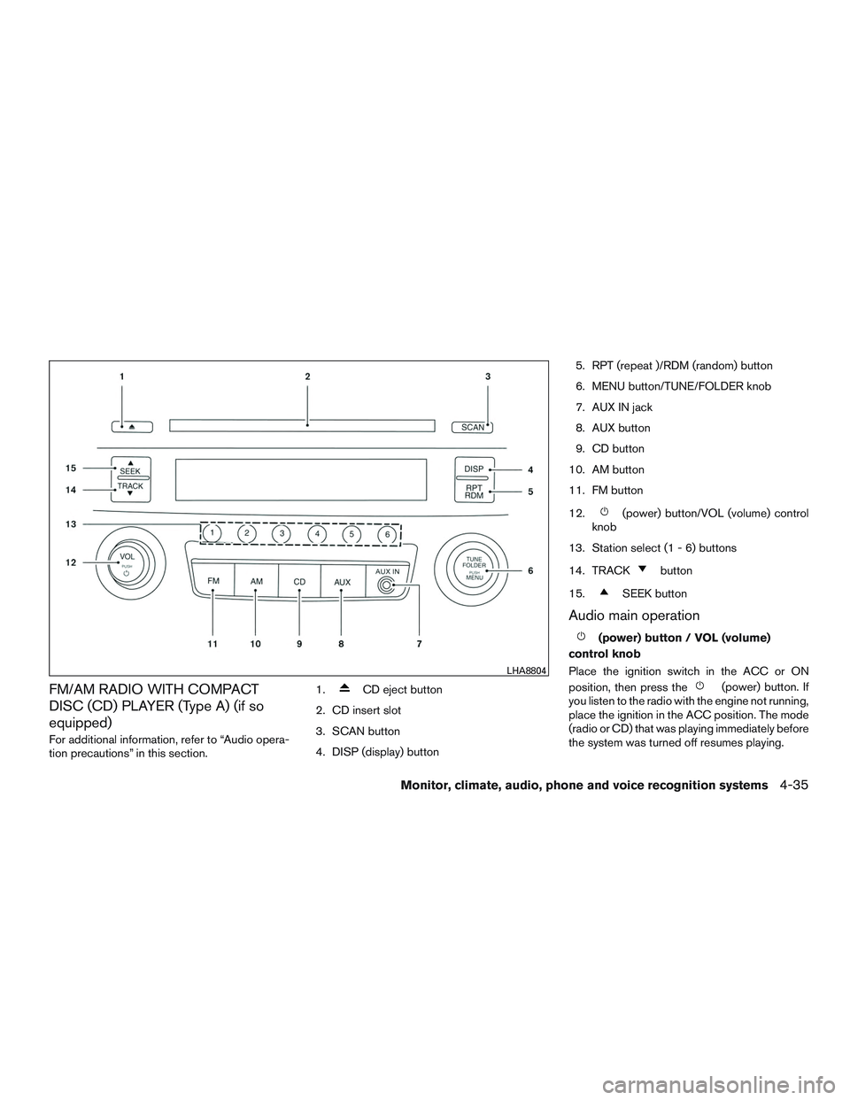 NISSAN ALTIMA SEDAN 2017 User Guide FM/AM RADIO WITH COMPACT
DISC (CD) PLAYER (Type A) (if so
equipped)
For additional information, refer to “Audio opera-
tion precautions” in this section.1.
CD eject button
2. CD insert slot
3. SCA