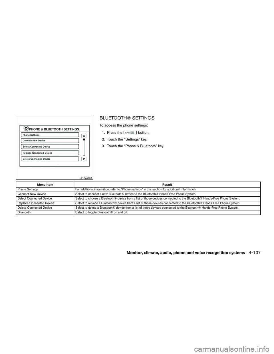 NISSAN ALTIMA SEDAN 2017  Owners Manual BLUETOOTH® SETTINGS
To access the phone settings:1. Press the [
] button.
2. Touch the “Settings” key.
3. Touch the “Phone & Bluetooth” key.
Menu Item Result
Phone Settings For additional inf