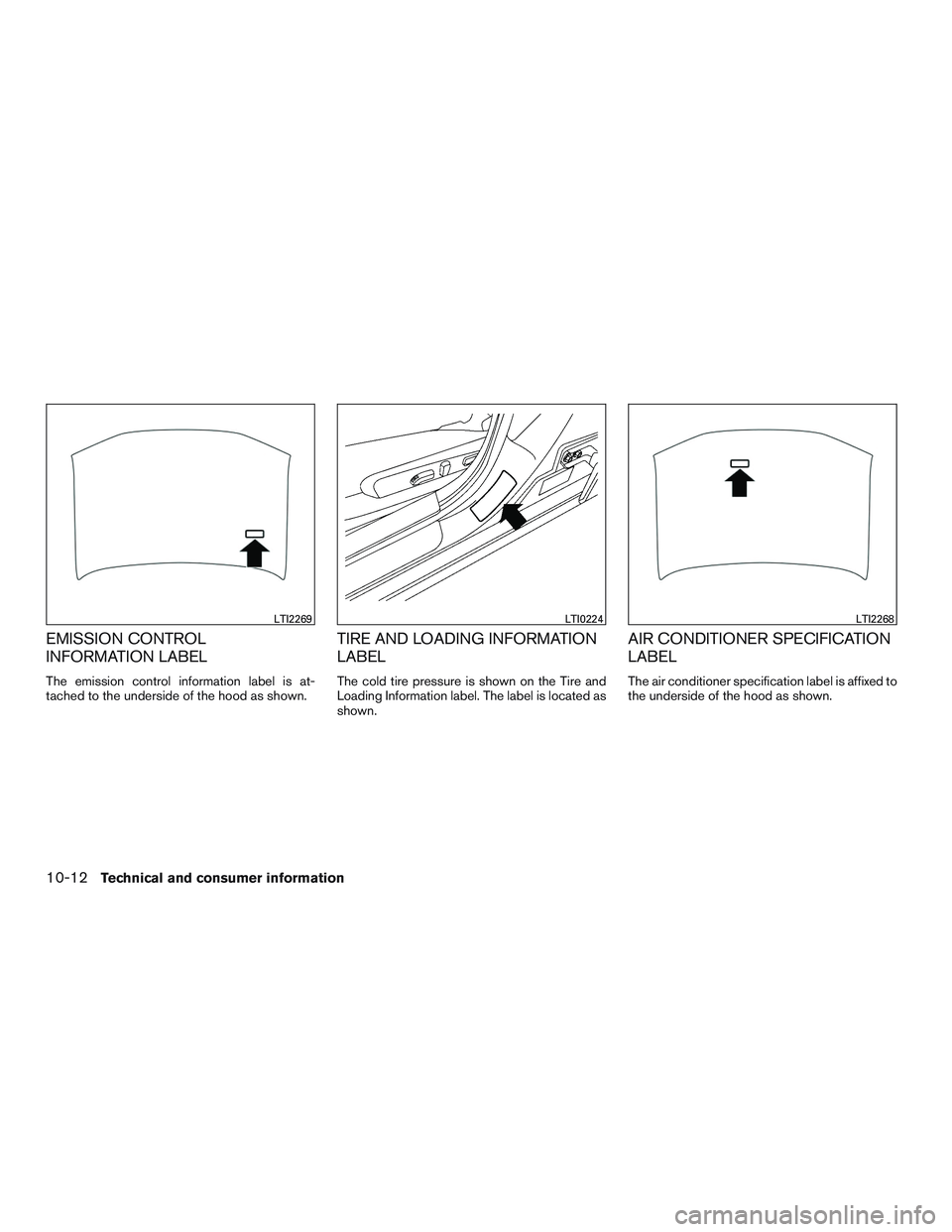 NISSAN ALTIMA SEDAN 2017  Owners Manual EMISSION CONTROL
INFORMATION LABEL
The emission control information label is at-
tached to the underside of the hood as shown.
TIRE AND LOADING INFORMATION
LABEL
The cold tire pressure is shown on the