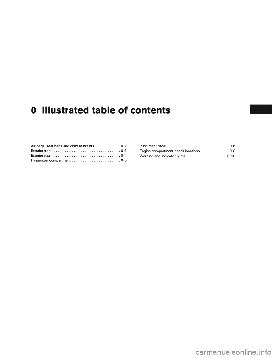 NISSAN ALTIMA SEDAN 2017  Owners Manual 0 Illustrated table of contents
Air bags, seat belts and child restraints..............0-2
Exterior front ......................................0-3
Exterior rear ......................................