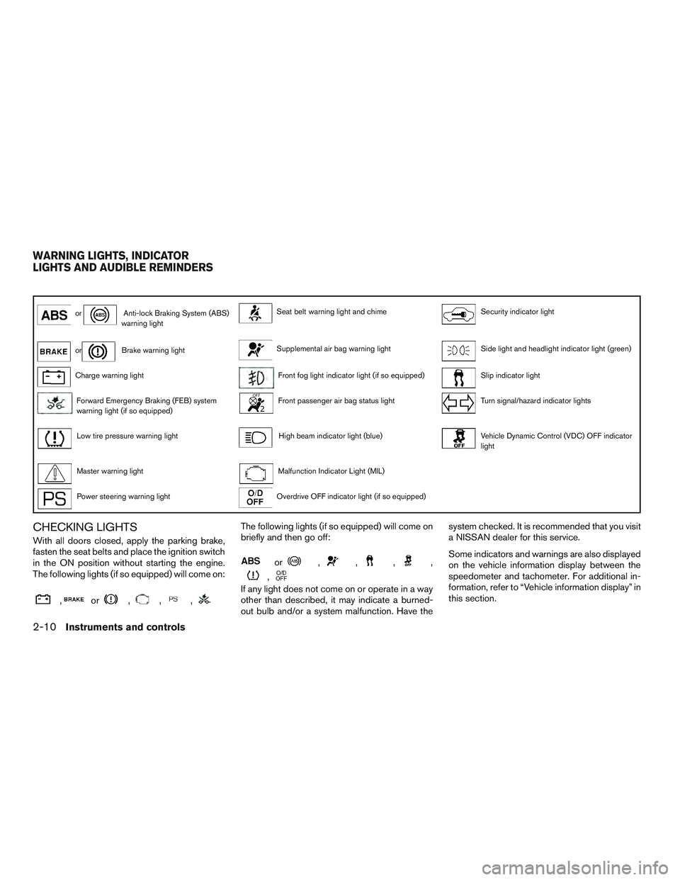 NISSAN ALTIMA SEDAN 2017  Owners Manual orAnti-lock Braking System (ABS)
warning lightSeat belt warning light and chimeSecurity indicator light
orBrake warning lightSupplemental air bag warning lightSide light and headlight indicator light 