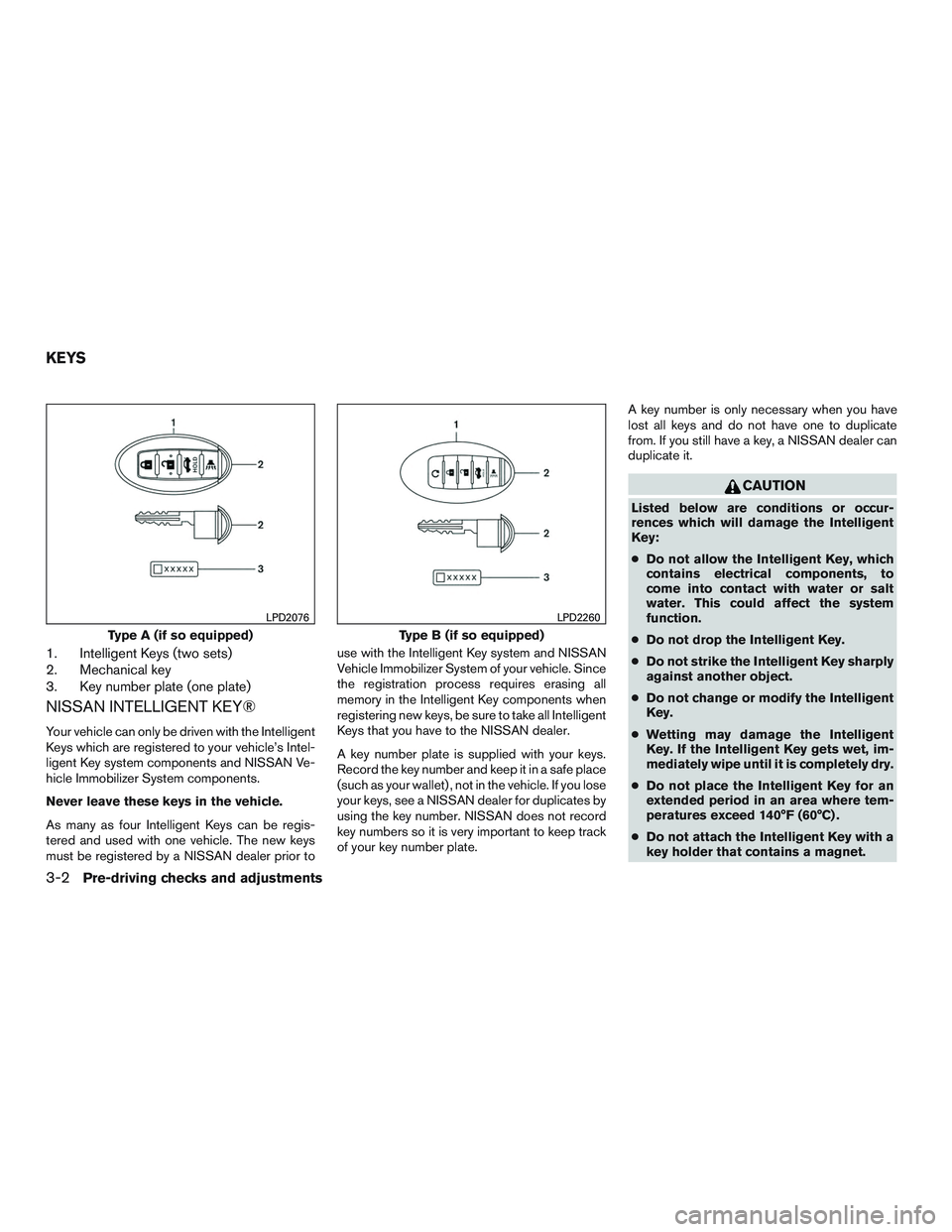 NISSAN ALTIMA SEDAN 2016  Owners Manual 1. Intelligent Keys (two sets)
2. Mechanical key
3. Key number plate (one plate)
NISSAN INTELLIGENT KEY®
Your vehicle can only be driven with the Intelligent
Keys which are registered to your vehicle