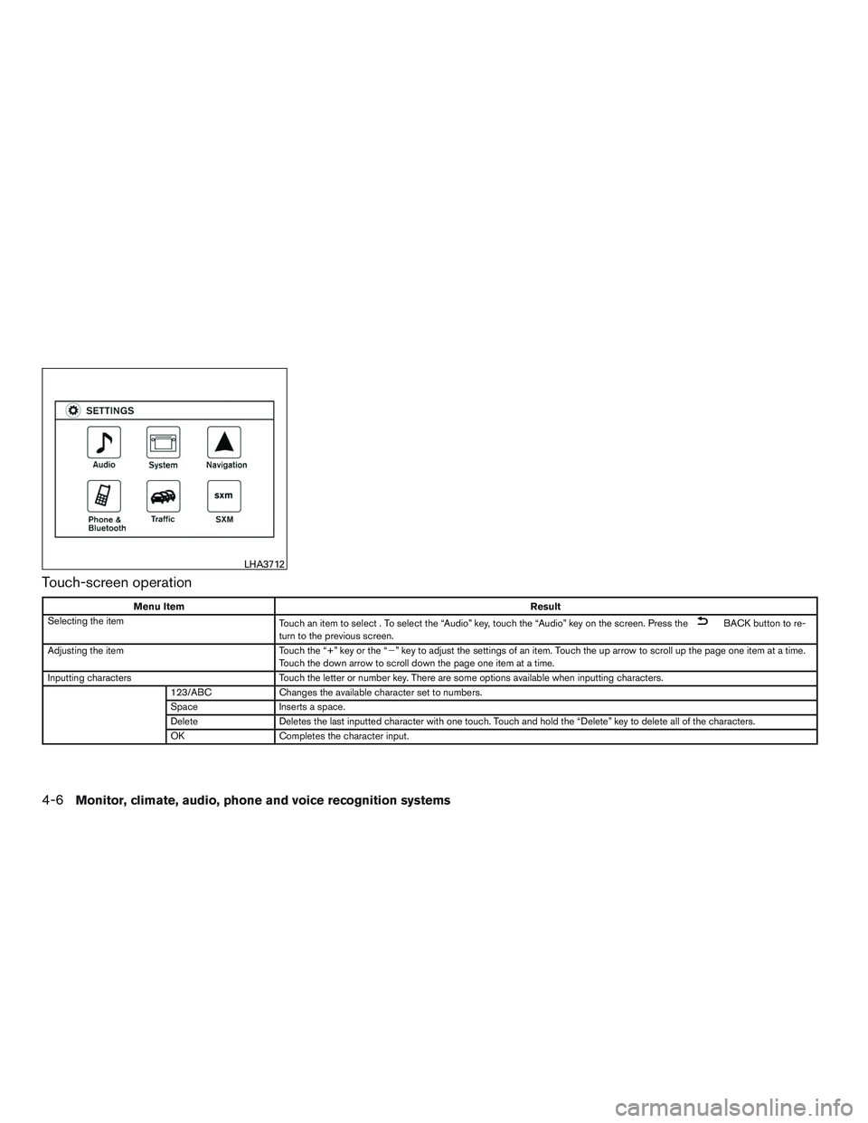 NISSAN ALTIMA SEDAN 2016  Owners Manual Touch-screen operation
Menu ItemResult
Selecting the item Touch an item to select . To select the “Audio” key, touch the “Audio” key on the screen. Press the
BACK button to re-
turn to the pre