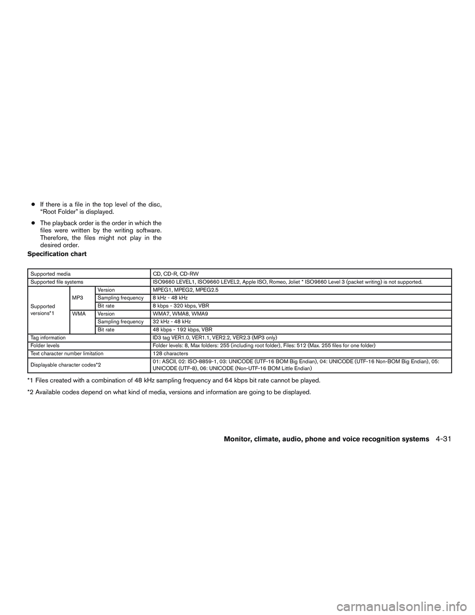 NISSAN ALTIMA SEDAN 2016 Owners Manual ●If there is a file in the top level of the disc,
“Root Folder” is displayed.
● The playback order is the order in which the
files were written by the writing software.
Therefore, the files mi NISSAN ALTIMA SEDAN 2016 Owners Manual ●If there is a file in the top level of the disc,
“Root Folder” is displayed.
● The playback order is the order in which the
files were written by the writing software.
Therefore, the files mi
