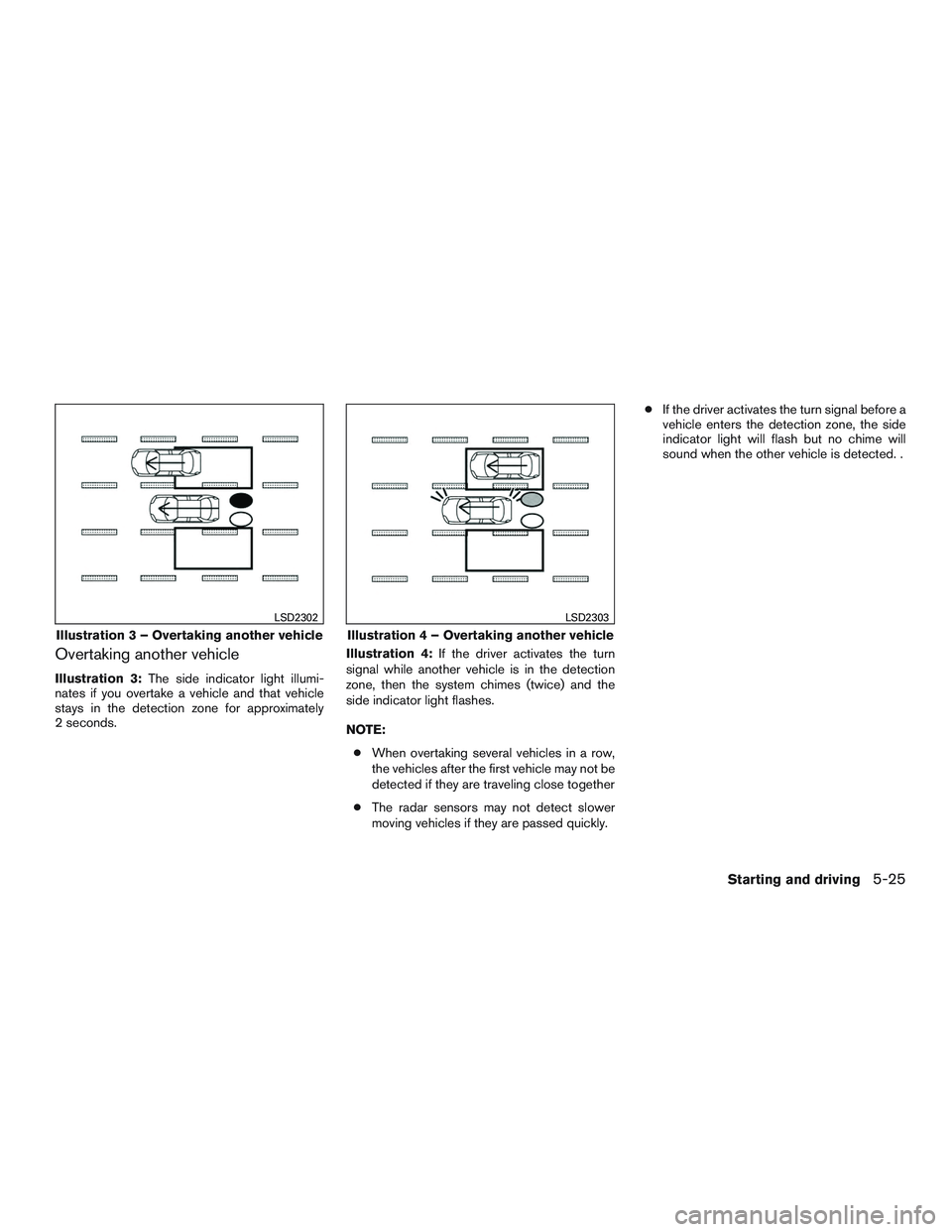 NISSAN ALTIMA SEDAN 2016  Owners Manual Overtaking another vehicle
Illustration 3:The side indicator light illumi-
nates if you overtake a vehicle and that vehicle
stays in the detection zone for approximately
2 seconds. Illustration 4:
If 