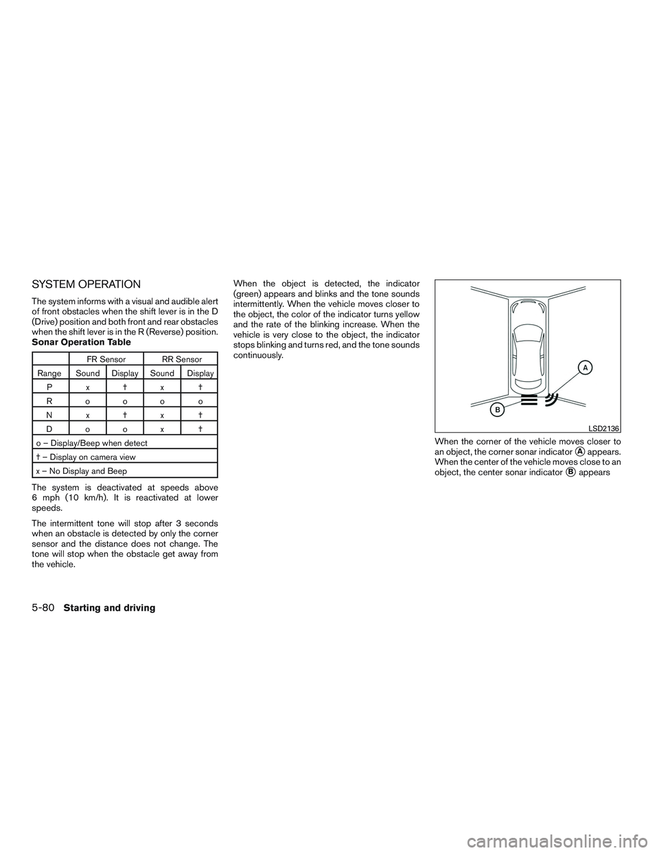 NISSAN ALTIMA SEDAN 2016  Owners Manual SYSTEM OPERATION
The system informs with a visual and audible alert
of front obstacles when the shift lever is in the D
(Drive) position and both front and rear obstacles
when the shift lever is in th