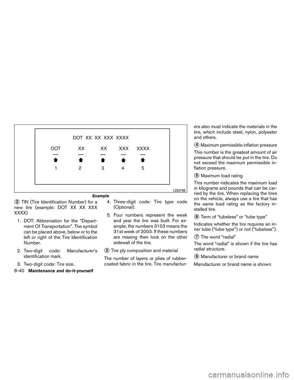 NISSAN ALTIMA SEDAN 2016  Owners Manual 2TIN (Tire Identification Number) for a
new tire (example: DOT XX XX XXX
XXXX)
1. DOT: Abbreviation for the “Depart- ment Of Transportation”. The symbol
can be placed above, below or to the
left 