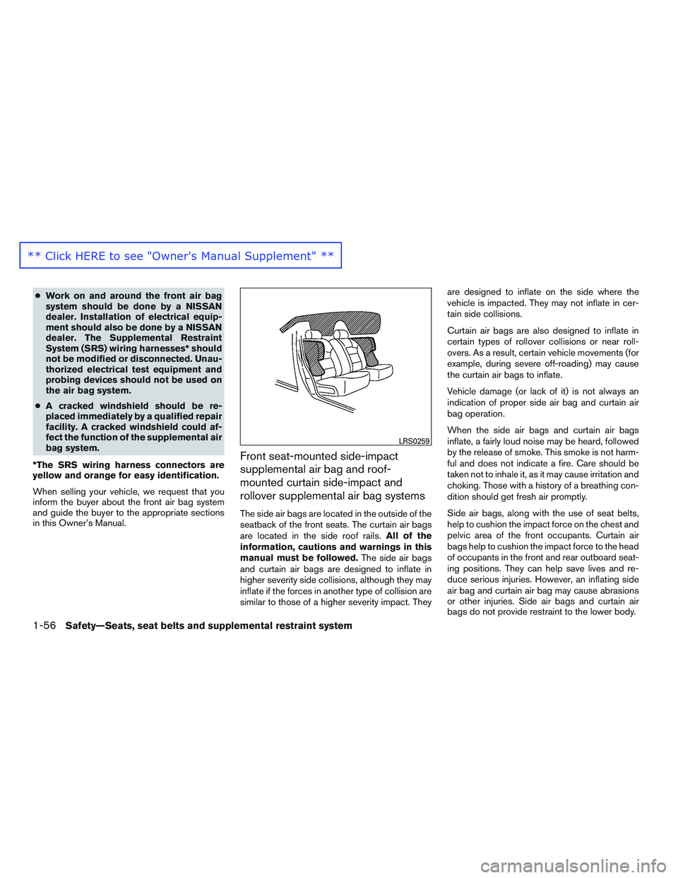 NISSAN ALTIMA SEDAN 2016 Manual PDF ●Work on and around the front air bag
system should be done by a NISSAN
dealer. Installation of electrical equip-
ment should also be done by a NISSAN
dealer. The Supplemental Restraint
System (SRS) NISSAN ALTIMA SEDAN 2016 Manual PDF ●Work on and around the front air bag
system should be done by a NISSAN
dealer. Installation of electrical equip-
ment should also be done by a NISSAN
dealer. The Supplemental Restraint
System (SRS)