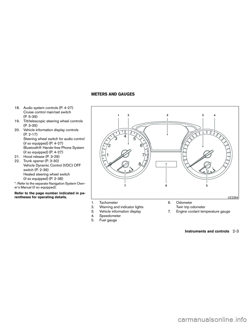 NISSAN ALTIMA SEDAN 2016 Manual Online 18. Audio system controls (P. 4-27)Cruise control main/set switch
(P. 5-39)
19. Tilt/telescopic steering wheel controls
(P. 3-35)
20. Vehicle information display controls
(P. 2-17)
Steering wheel swit