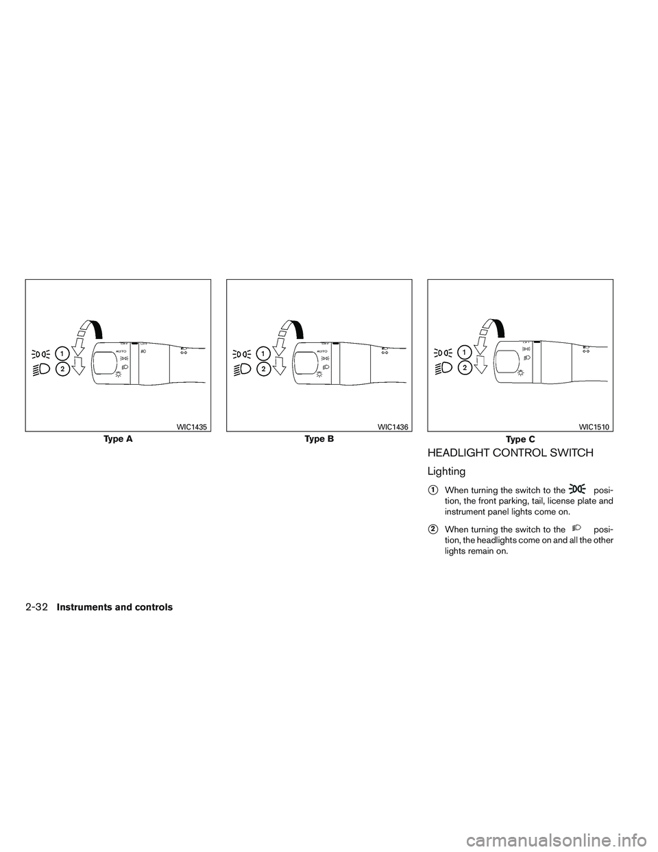 NISSAN ALTIMA SEDAN 2014  Owners Manual HEADLIGHT CONTROL SWITCH
Lighting
1When turning the switch to theposi-
tion, the front parking, tail, license plate and
instrument panel lights come on.
2When turning the switch to theposi-
tion, th