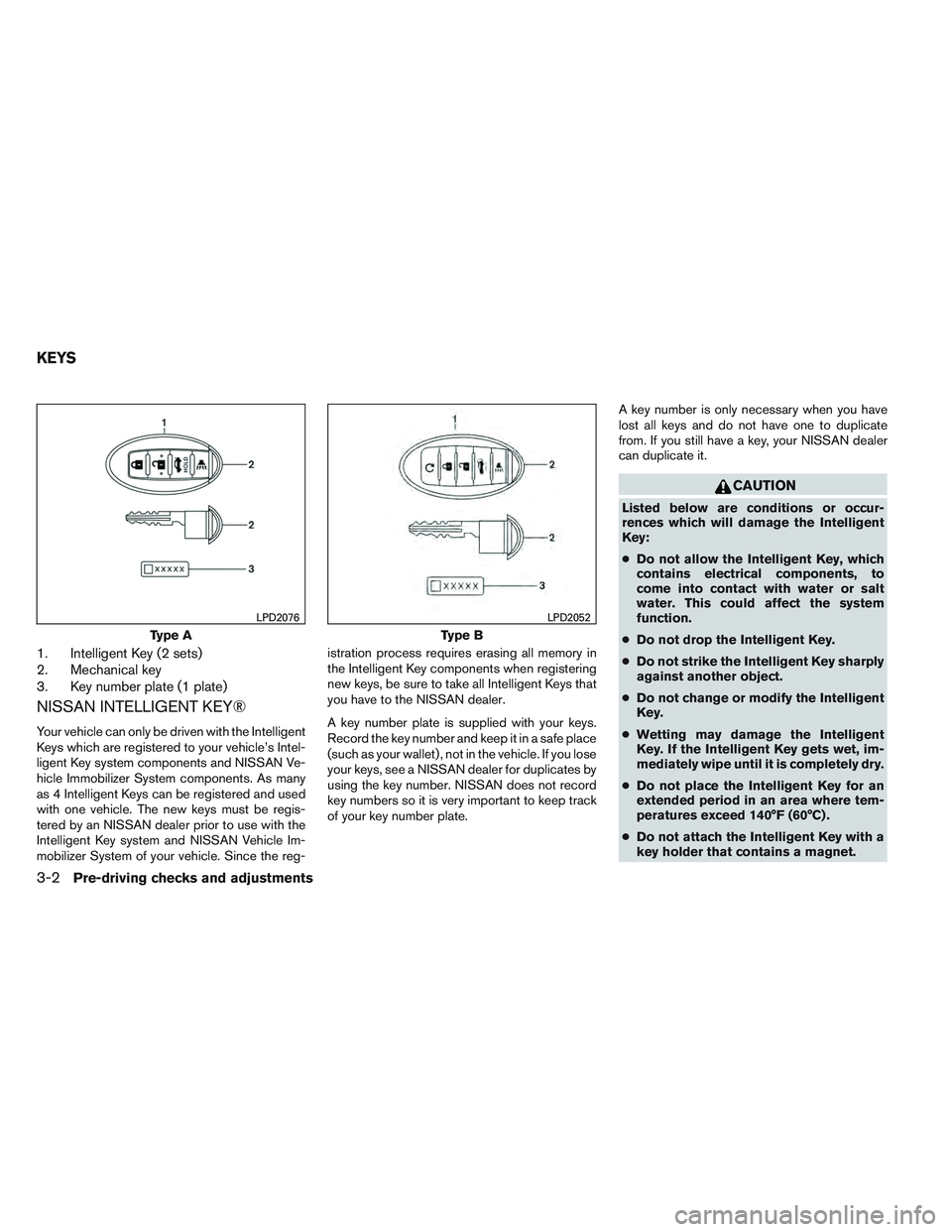 NISSAN ALTIMA SEDAN 2014  Owners Manual 1. Intelligent Key (2 sets)
2. Mechanical key
3. Key number plate (1 plate)
NISSAN INTELLIGENT KEY®
Your vehicle can only be driven with the Intelligent
Keys which are registered to your vehicle’s 