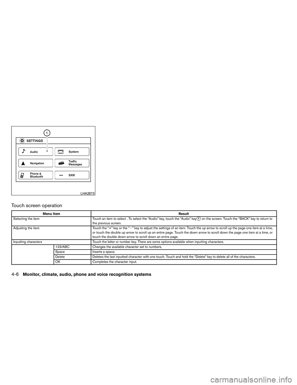 NISSAN ALTIMA SEDAN 2014  Owners Manual Touch screen operation
Menu ItemResult
Selecting the item Touch an item to select . To select the “Audio” key, touch the “Audio” key
1on the screen. Touch the “BACK” key to return to
the 