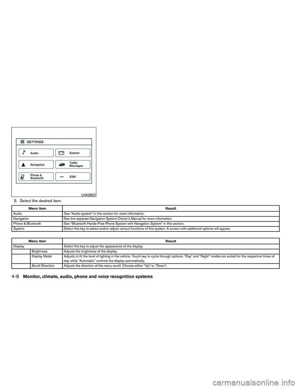 NISSAN ALTIMA SEDAN 2014  Owners Manual 3. Select the desired item.
Menu itemResult
Audio See “Audio system” in this section for more information.
Navigation See the separate Navigation System Owner’s Manual for more information.
Phon