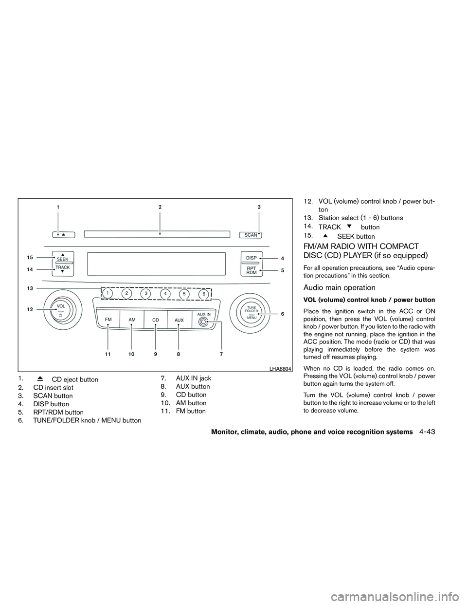 NISSAN ALTIMA SEDAN 2014  Owners Manual 1.CD eject button
2. CD insert slot
3. SCAN button
4. DISP button
5. RPT/RDM button
6. TUNE/FOLDER knob / MENU button 7. AUX IN jack
8. AUX button
9. CD button
10. AM button
11. FM button12. VOL (volu