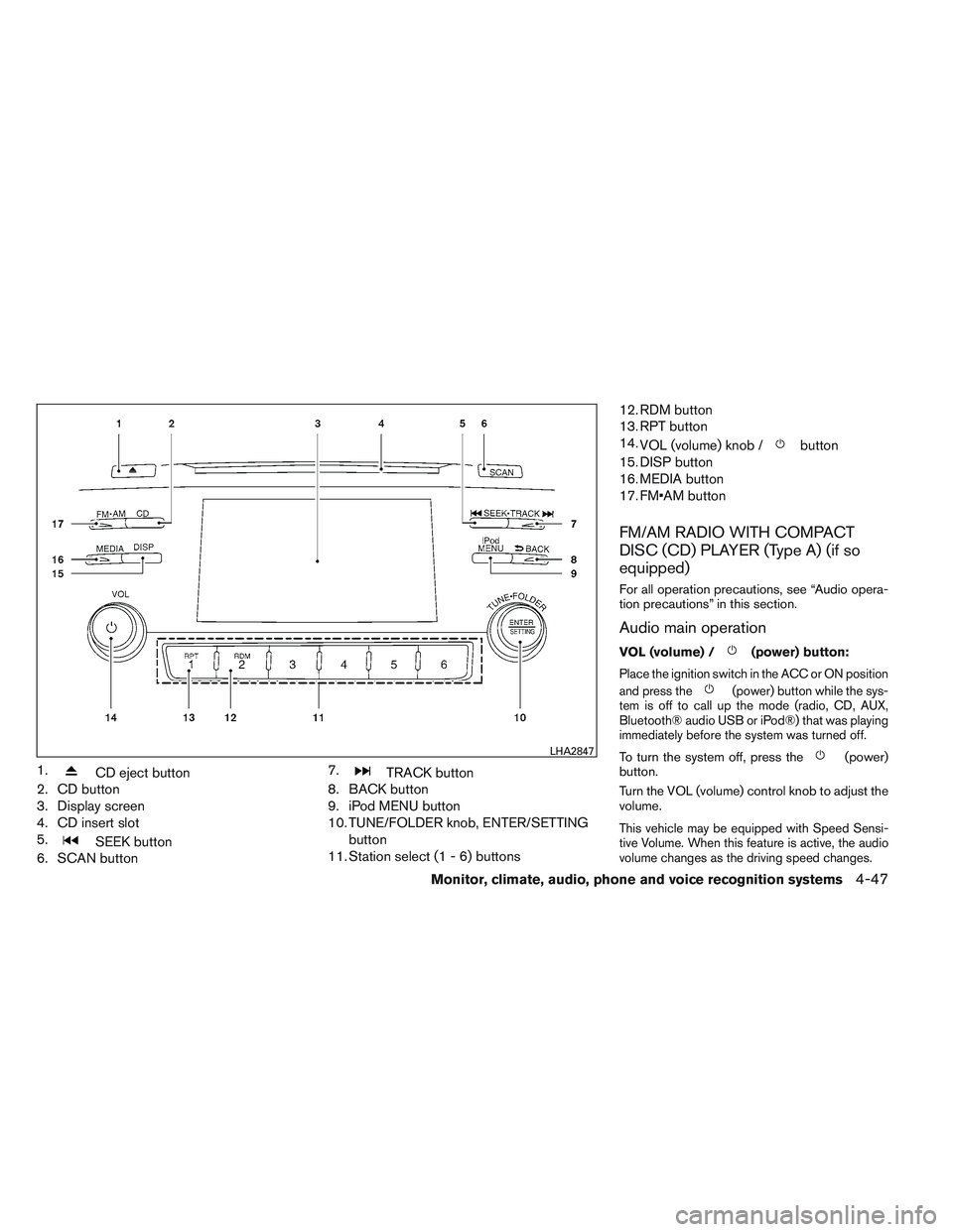 NISSAN ALTIMA SEDAN 2014  Owners Manual 1.CD eject button
2. CD button
3. Display screen
4. CD insert slot
5.
SEEK button
6. SCAN button 7.
TRACK button
8. BACK button
9. iPod MENU button
10. TUNE/FOLDER knob, ENTER/SETTING
button
11. Stati