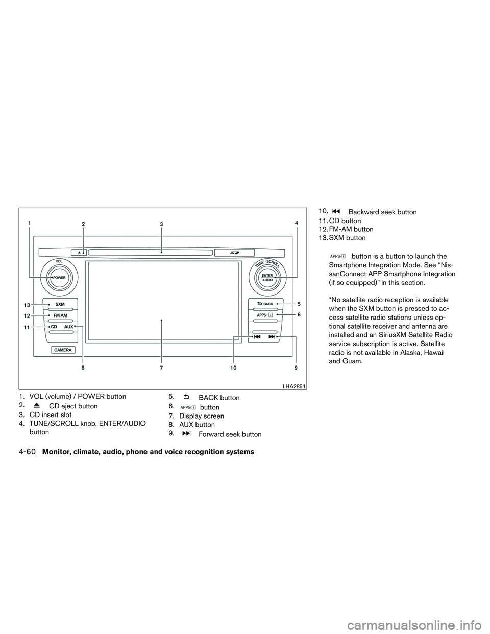 NISSAN ALTIMA SEDAN 2014 Owners Manual 1. VOL (volume) / POWER button
2.
CD eject button
3. CD insert slot
4. TUNE/SCROLL knob, ENTER/AUDIO
button 5.
BACK button
6.
button
7. Display screen
8. AUX button
9.
Forward seek button 10.
Backward NISSAN ALTIMA SEDAN 2014 Owners Manual 1. VOL (volume) / POWER button
2.
CD eject button
3. CD insert slot
4. TUNE/SCROLL knob, ENTER/AUDIO
button 5.
BACK button
6.
button
7. Display screen
8. AUX button
9.
Forward seek button 10.
Backward