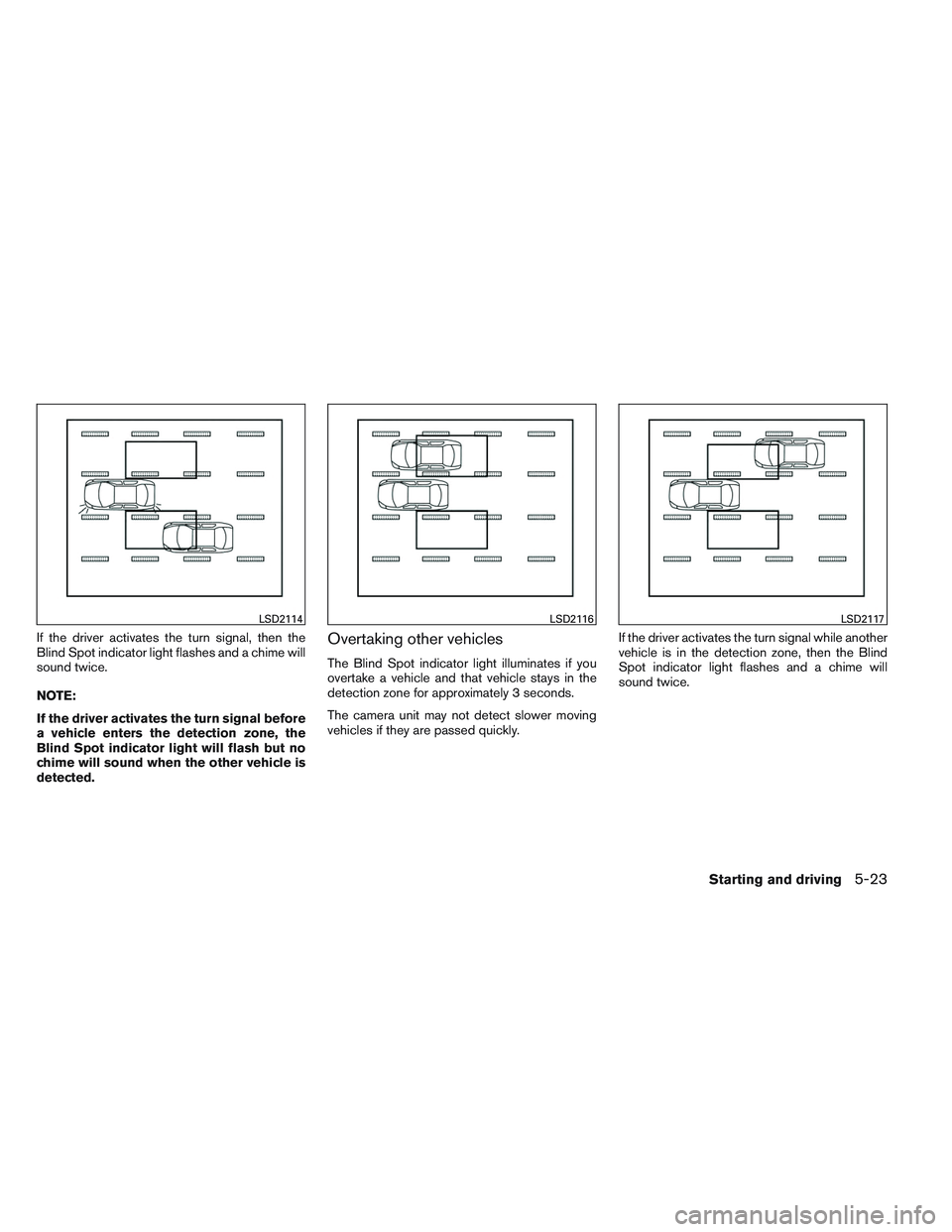 NISSAN ALTIMA SEDAN 2014  Owners Manual If the driver activates the turn signal, then the
Blind Spot indicator light flashes and a chime will
sound twice.
NOTE:
If the driver activates the turn signal before
a vehicle enters the detection z