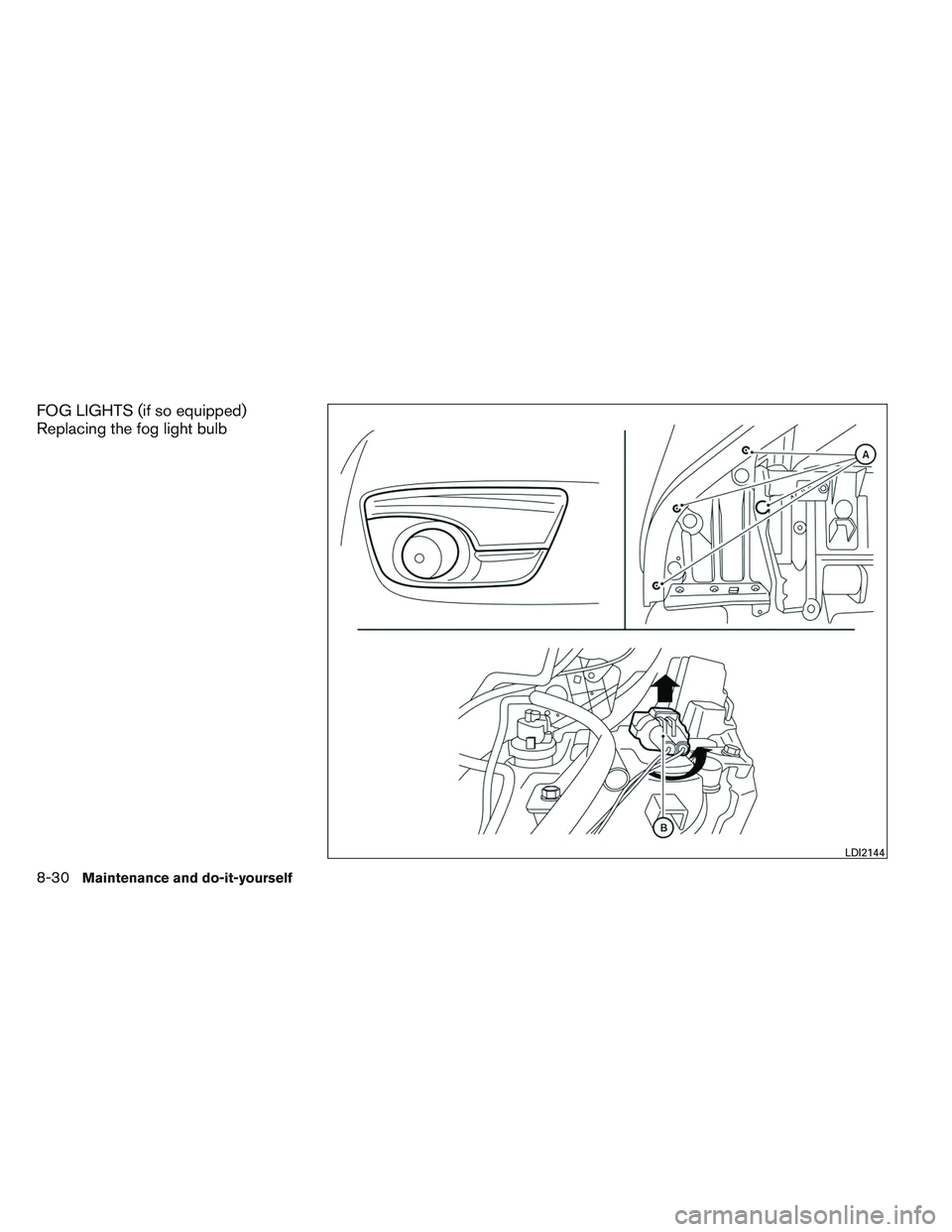 NISSAN ALTIMA SEDAN 2014  Owners Manual FOG LIGHTS (if so equipped)
Replacing the fog light bulb
LDI2144
8-30Maintenance and do-it-yourself 