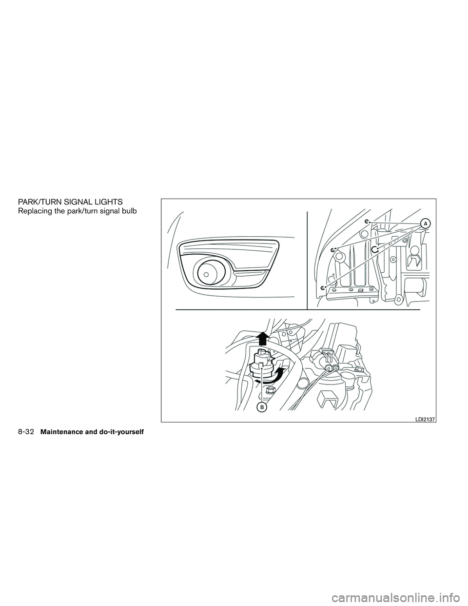 NISSAN ALTIMA SEDAN 2014  Owners Manual PARK/TURN SIGNAL LIGHTS
Replacing the park/turn signal bulb
LDI2137
8-32Maintenance and do-it-yourself 