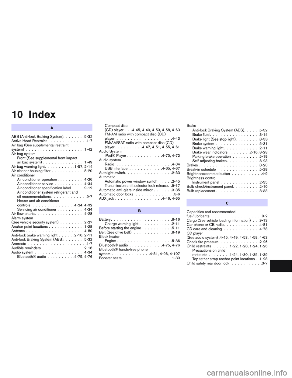 NISSAN ALTIMA SEDAN 2014 Owners Manual 10 Index
A
ABS (Anti-lock Braking System) ........5-32
Active Head Restraint ..............1-7
Air bag (See supplemental restraint
system) .....................1-42
Air bag system Front (See supplemen NISSAN ALTIMA SEDAN 2014 Owners Manual 10 Index
A
ABS (Anti-lock Braking System) ........5-32
Active Head Restraint ..............1-7
Air bag (See supplemental restraint
system) .....................1-42
Air bag system Front (See supplemen