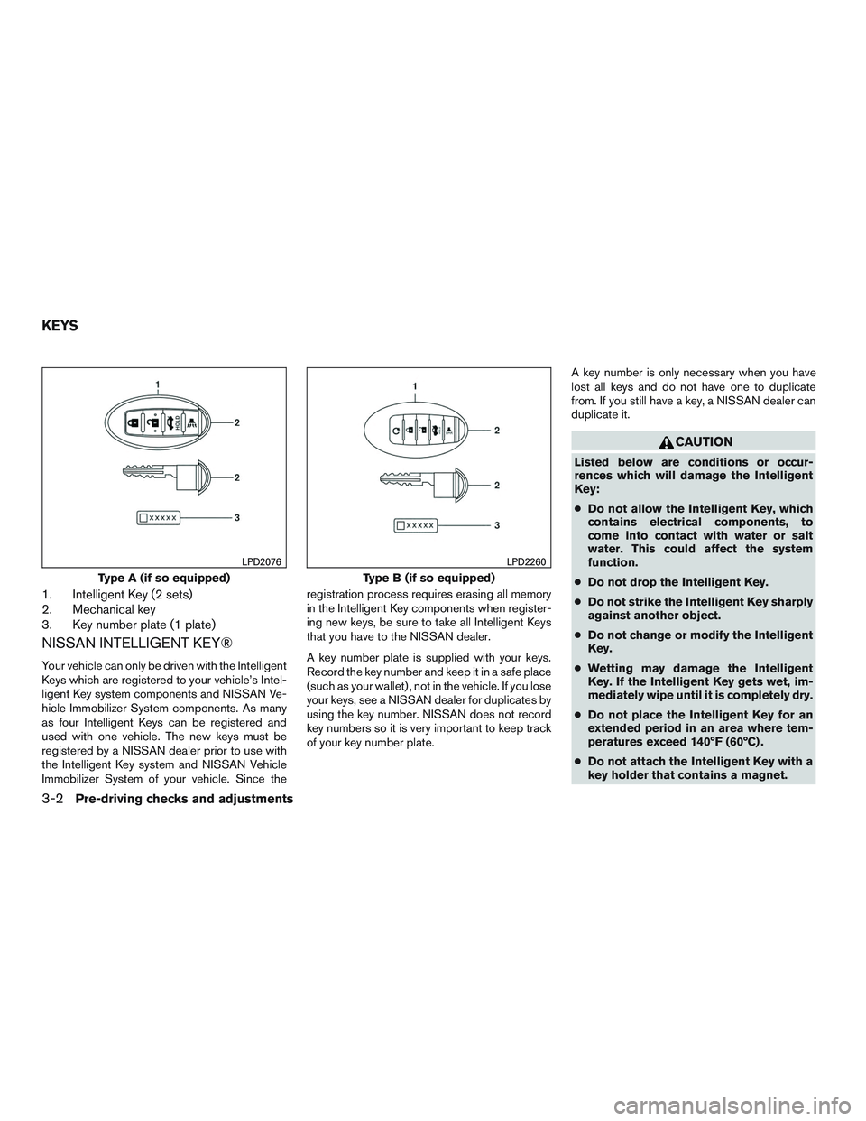 NISSAN ALTIMA SEDAN 2015  Owners Manual 1. Intelligent Key (2 sets)
2. Mechanical key
3. Key number plate (1 plate)
NISSAN INTELLIGENT KEY®
Your vehicle can only be driven with the Intelligent
Keys which are registered to your vehicle’s 